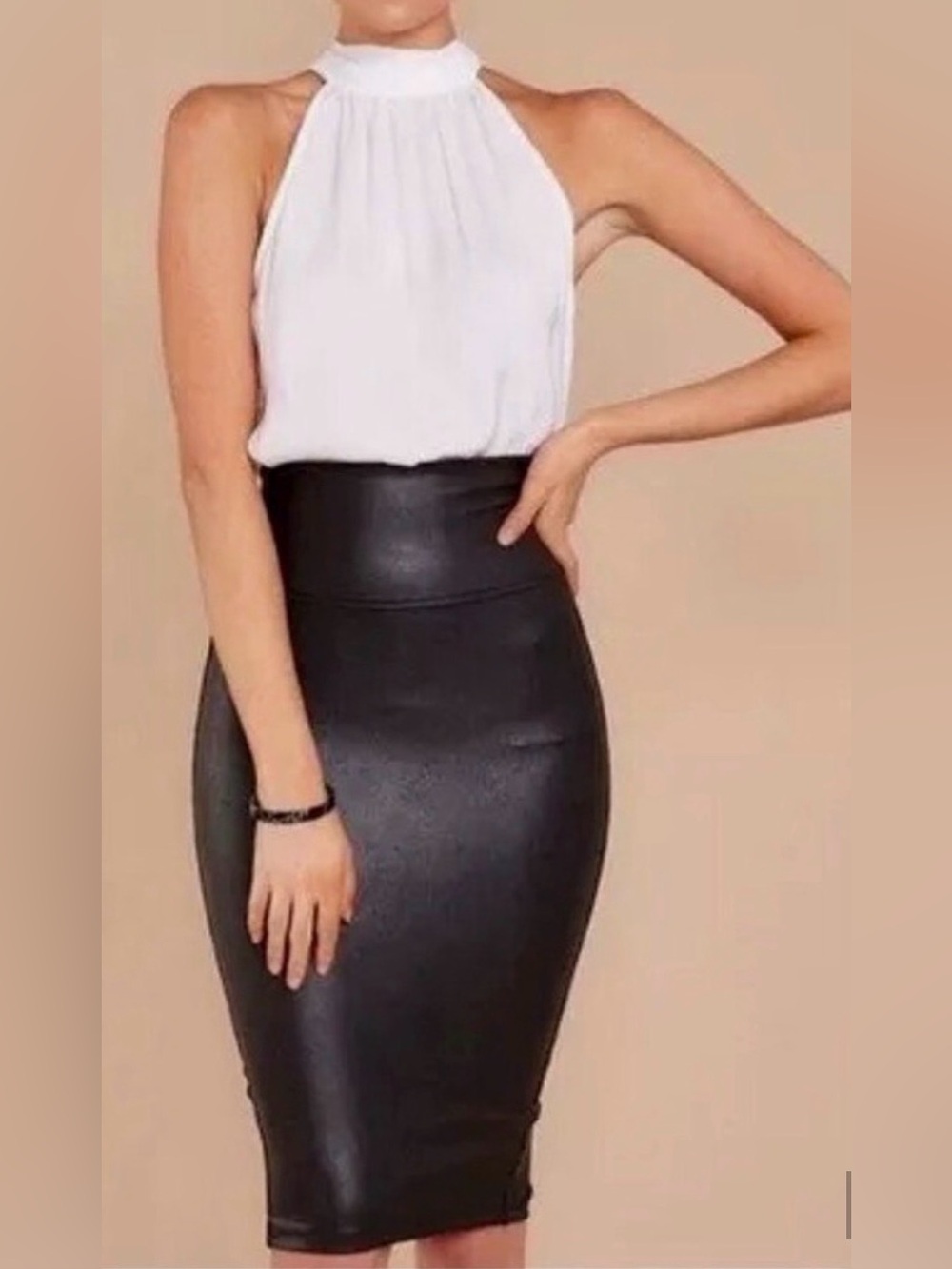 SPANX NWT Black Faux Leather Midi Pencil Skirt